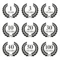 Anniversary laurel wreath icon set isolated on white background. 1, 3, 5, 10, 20, 30, 40, 50, 100 years. Royalty Free Stock Photo